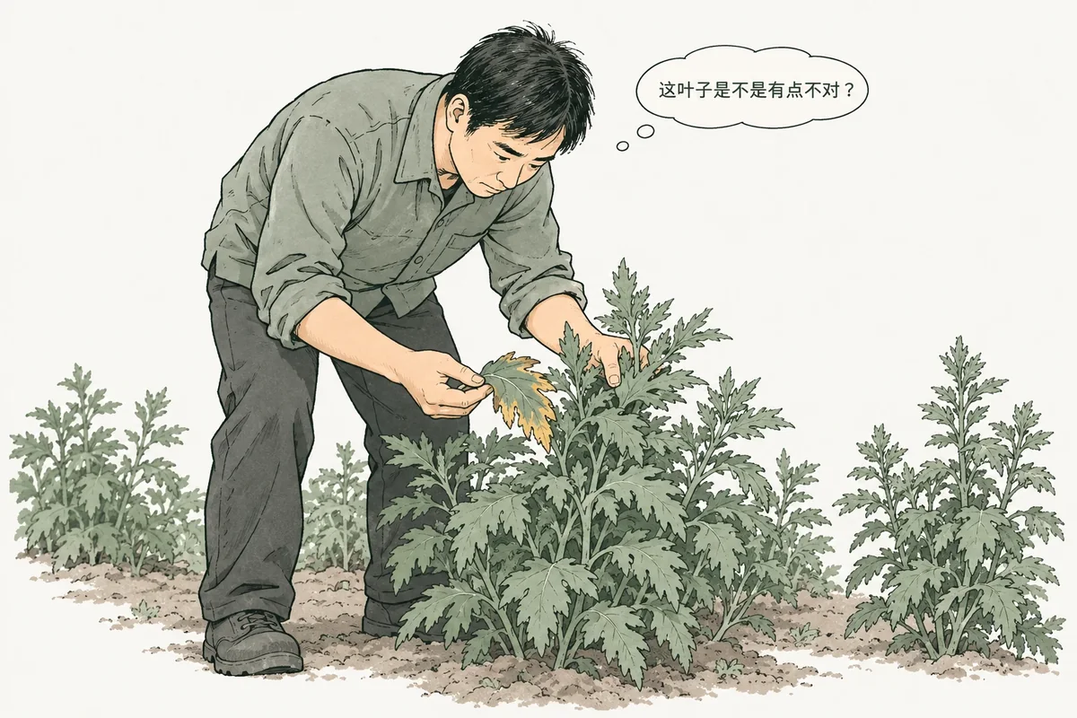 田间人员查看异常叶片